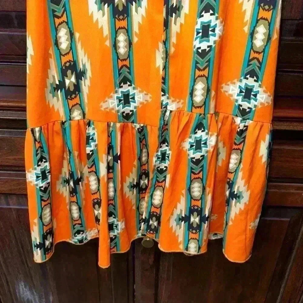 Turquoise Haven Long Rayon Kimono S/M Orange Teal Aztec / Western Wear Design - Picture 4 of 12